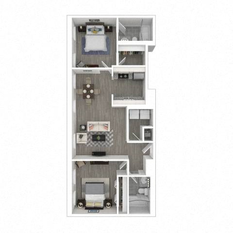 Floor plan for 2 beds, 2 baths, 796 sqft